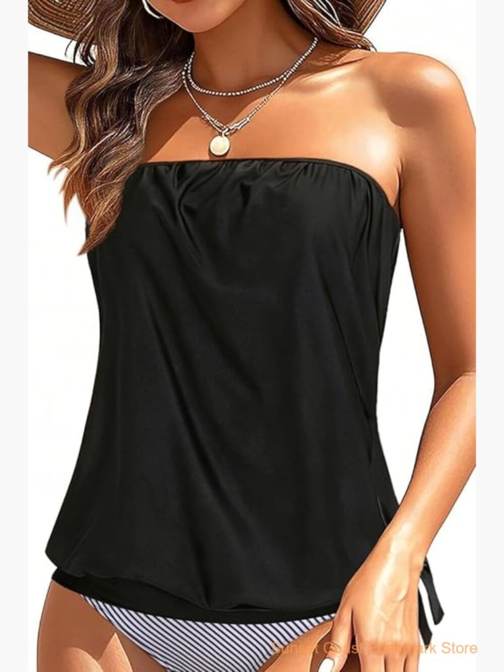 Strapless Tankini Top Bandeau Swimsuit Blouson Style Adjustable Straps